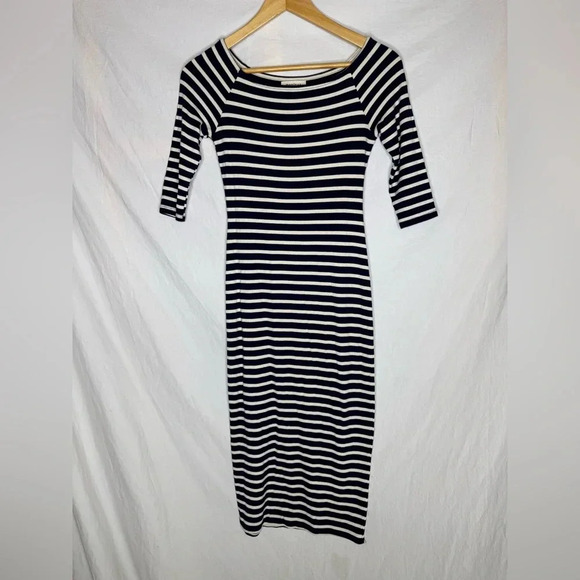 Monteau Navy Blue White Striped Nautical Midi Bodycon Dress Size Small - Picture 2 of 4